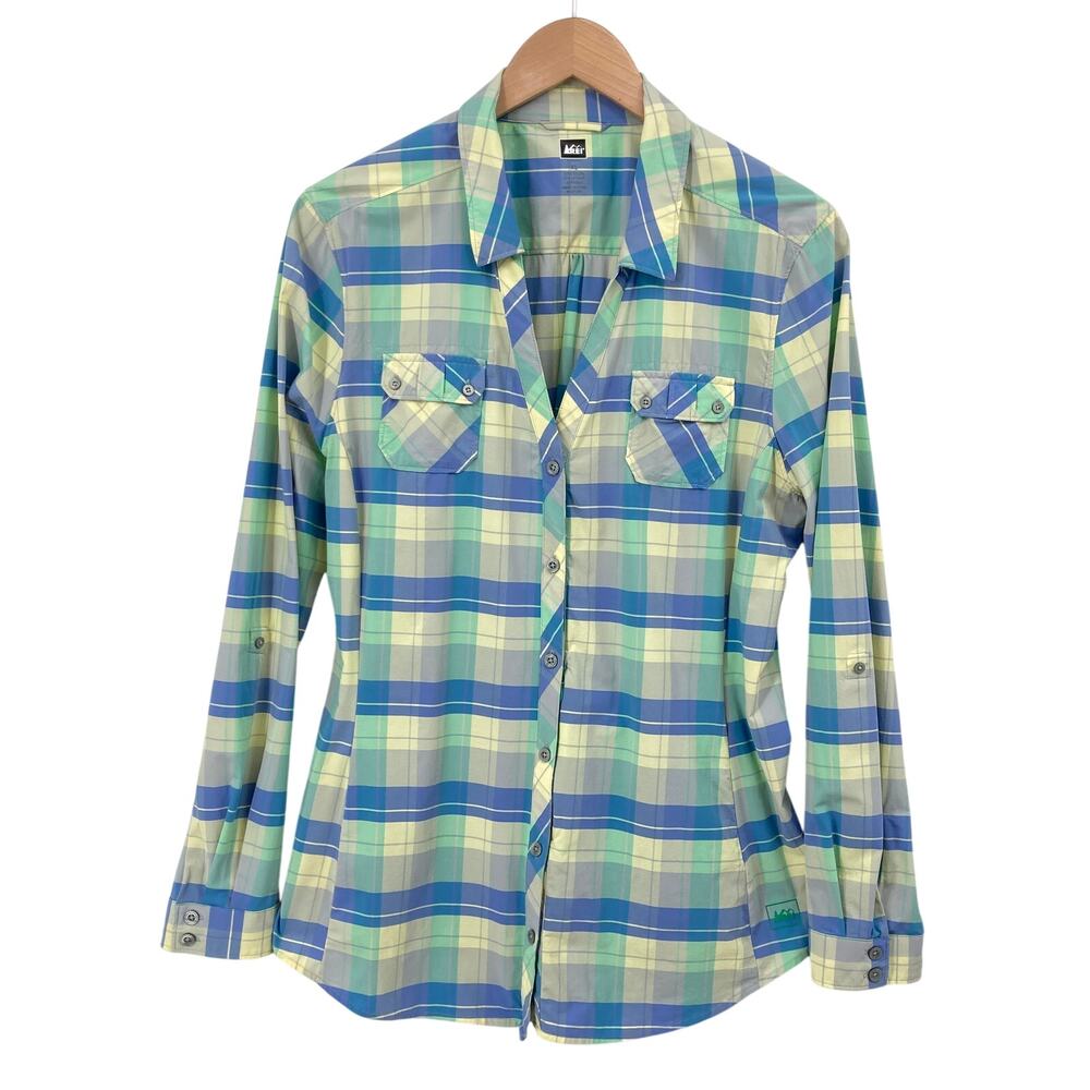 REI Women's XL Green Blue Plaid Nylon Stretch Button Front Hiking Travel Shirt